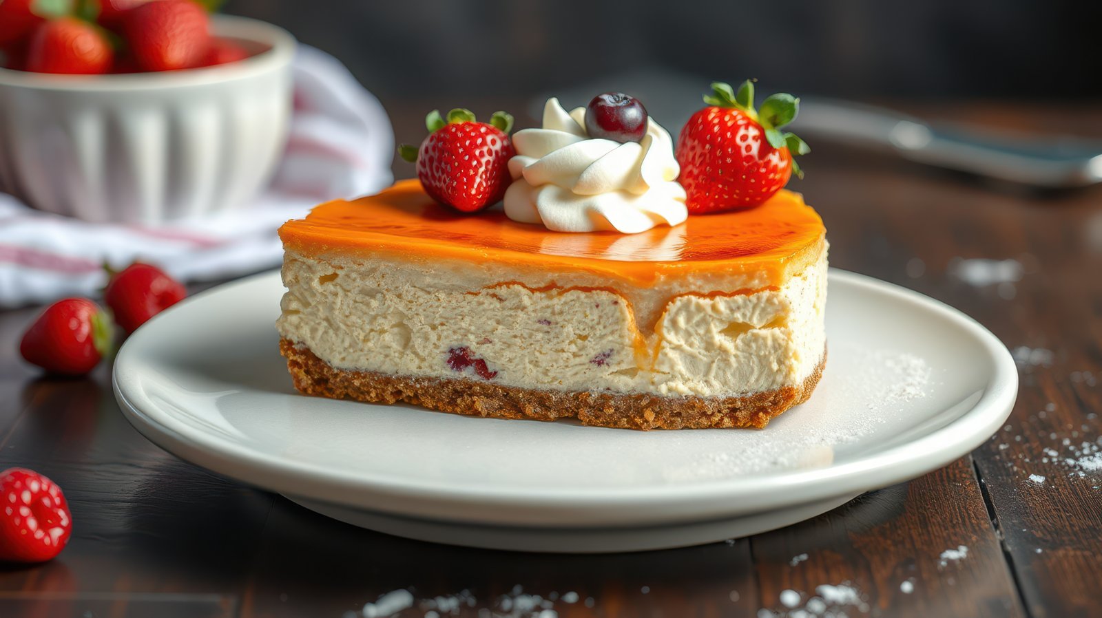 Delicious layered strawberry cheesecake slice with vibrant orange glaze and whipped cream on a rustic wooden table